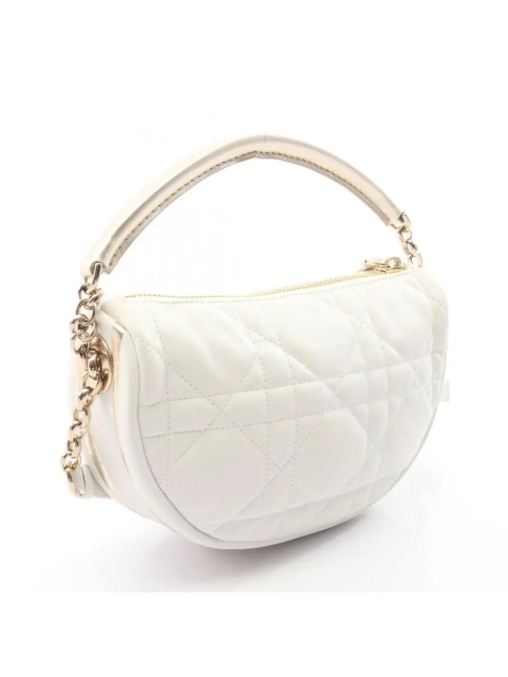 Dior Shoulder Bag Vibe Hobo Cannage 2-Way White Champagne Gold Leather Small